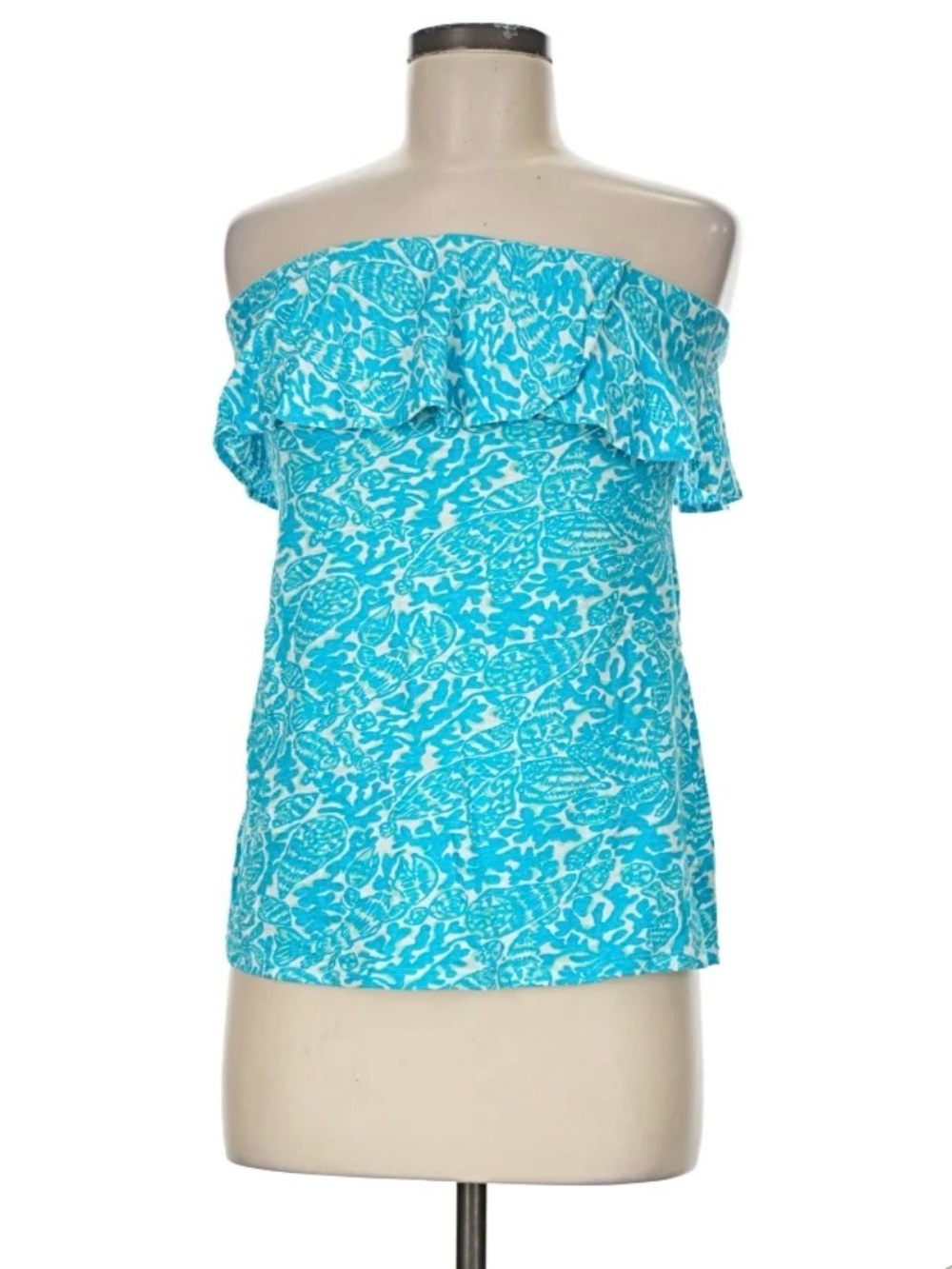 Lilly Pulitzer Off-Shoulder Ruffle Turquoise Printed Women's Top, Size S, EUC